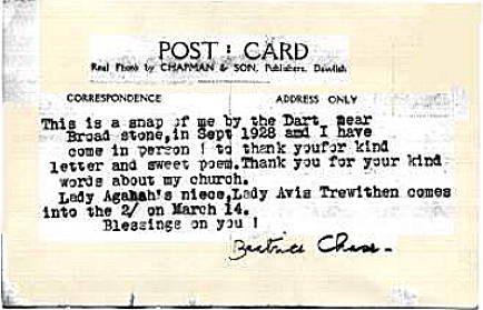 Beatrice Chase: A postcard from Ms Chase with a photo and message (thanks to Patrick Wildgust) - back
