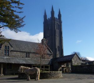 Widecombe Church House (home of the market) and Church in the background