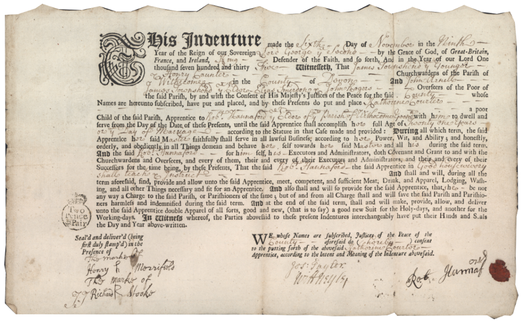 Apprenticeship Indenture of Robert Hannaford from 1735